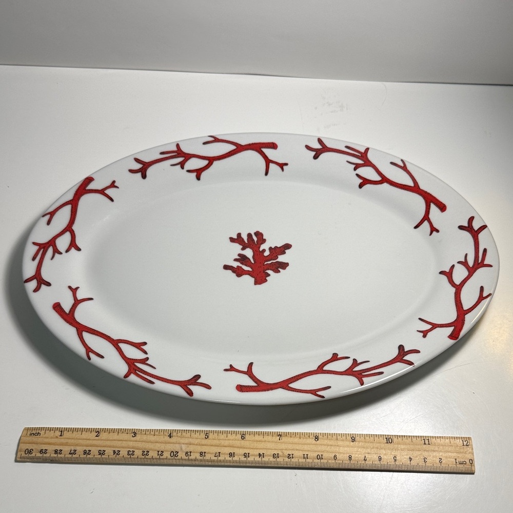 Z Gallerie White Oval Platter with Red Coral Motif hard to find piece